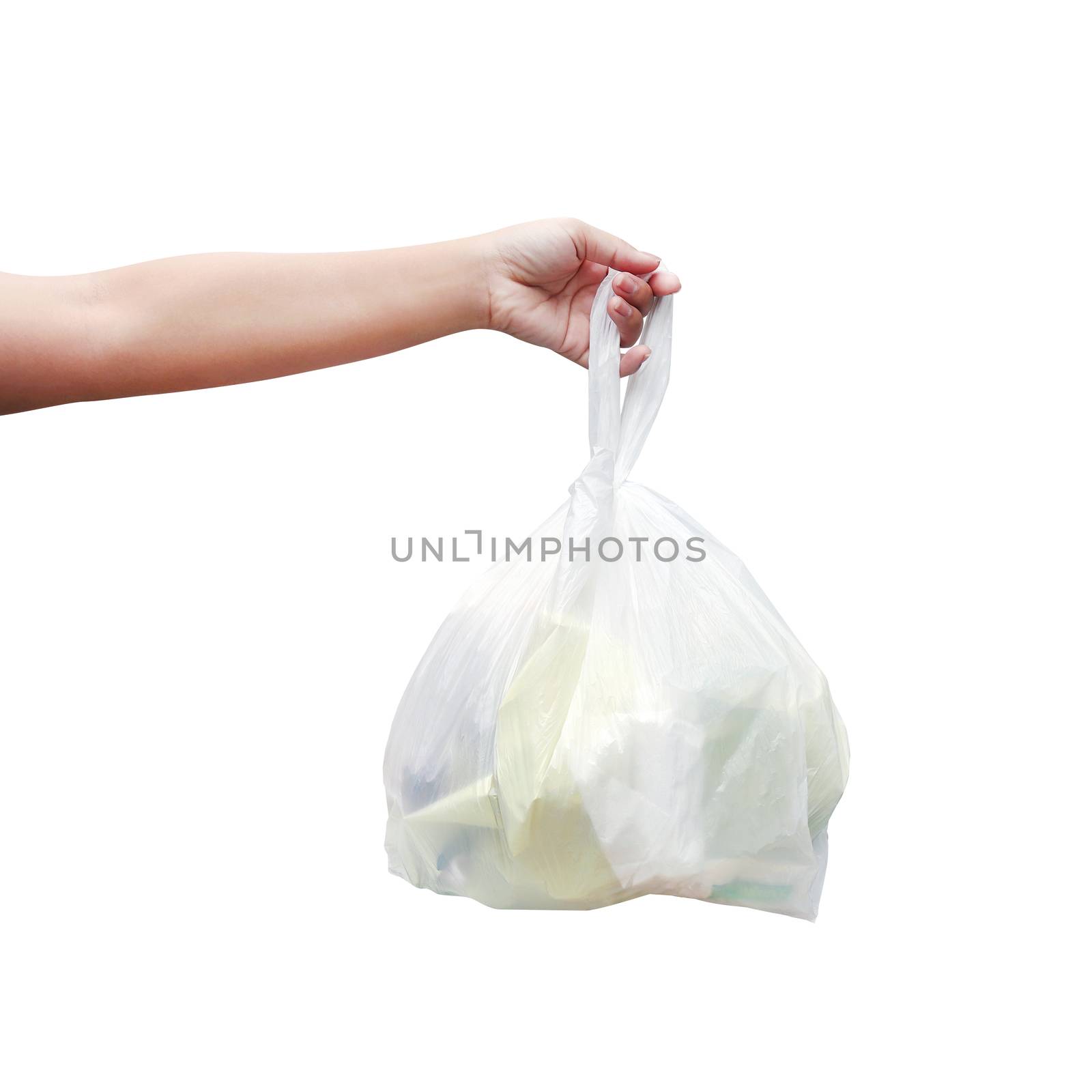 Hand is carrying waste plastic garbage bags isolated white background, Hand holding plastic garbage bags for dump waste