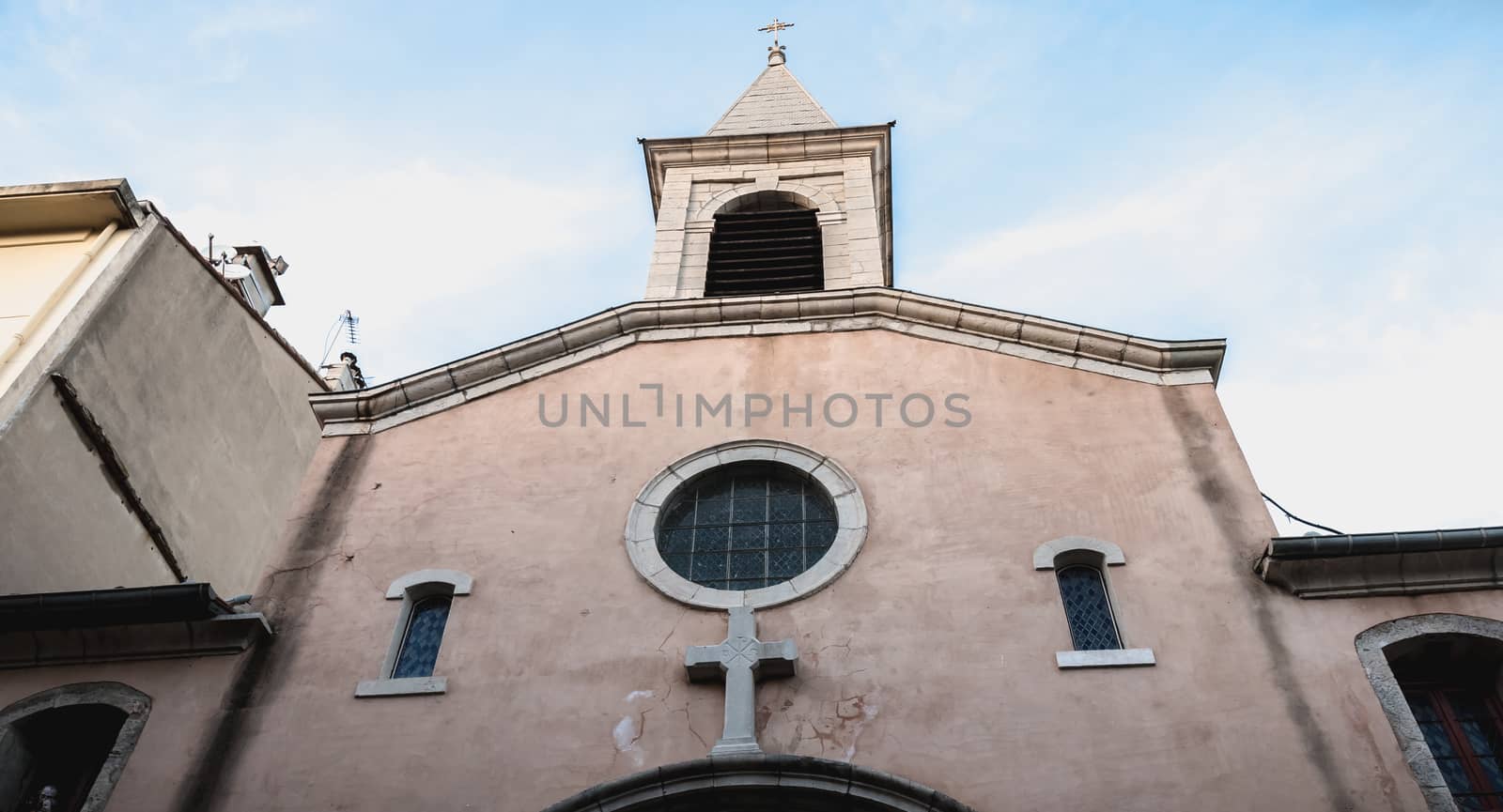 Sete, France - January 4, 2019: Architectural detail of Saint Joseph Church in the historic city center on a winter day