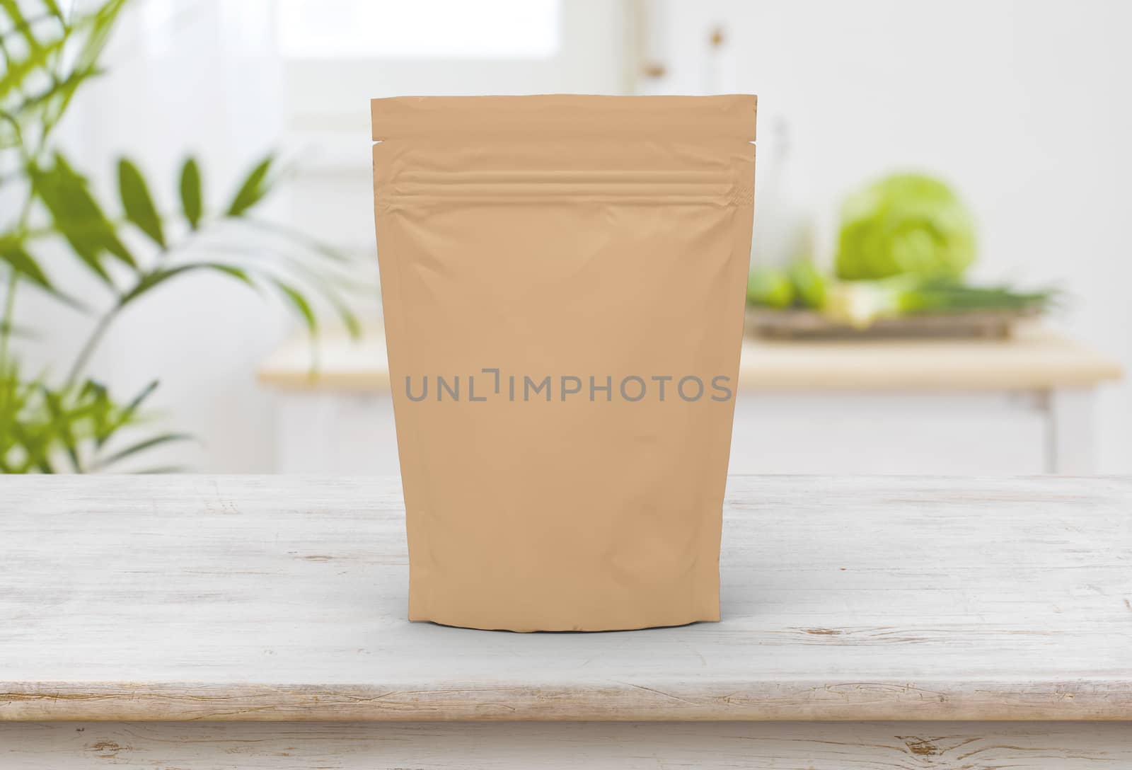 The beige food and snack pouch bag packaging mock-up design front view on wooden table 
