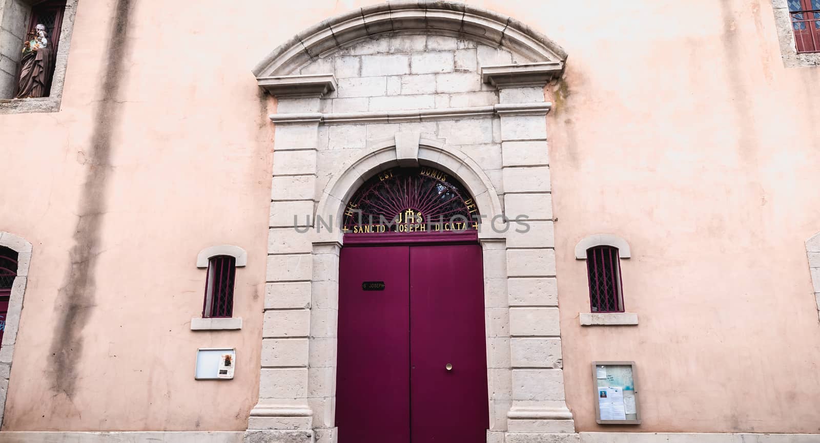 Sete, France - January 4, 2019: Architectural detail of Saint Joseph Church in the historic city center on a winter day