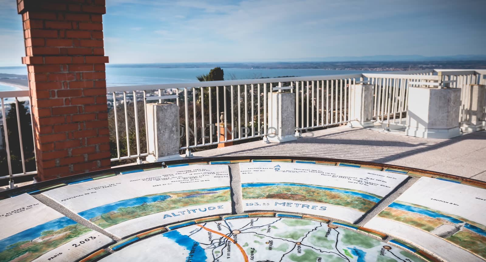 Sete, France - January 4, 2019: view of the White Stones orientation table on the heights of the city on a winter day