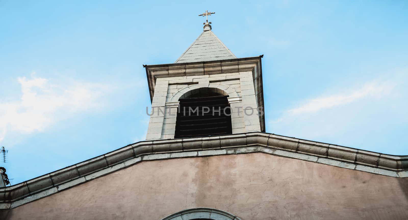 Sete, France - January 4, 2019: Architectural detail of Saint Joseph Church in the historic city center on a winter day