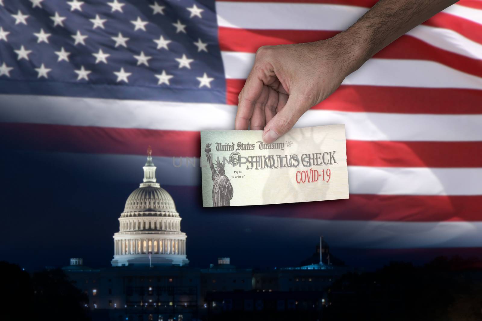 Man with Stimulus check and the Capitol and US flag on the Background. The US government is preparing to send out direct payments to help individuals amid the coronavirus pandemic