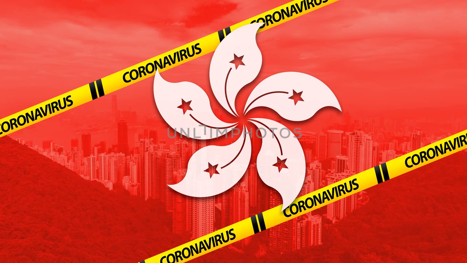 Hong Kong skyline with coronavirus quarantine warning signs. by tanaonte