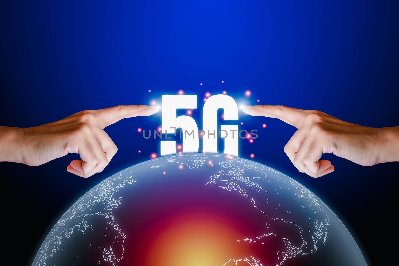 Hight speed internet concept. Human finger point on transparency of the earth and text 5G on blue technology background with copy space. Internet connection and communication around the world.