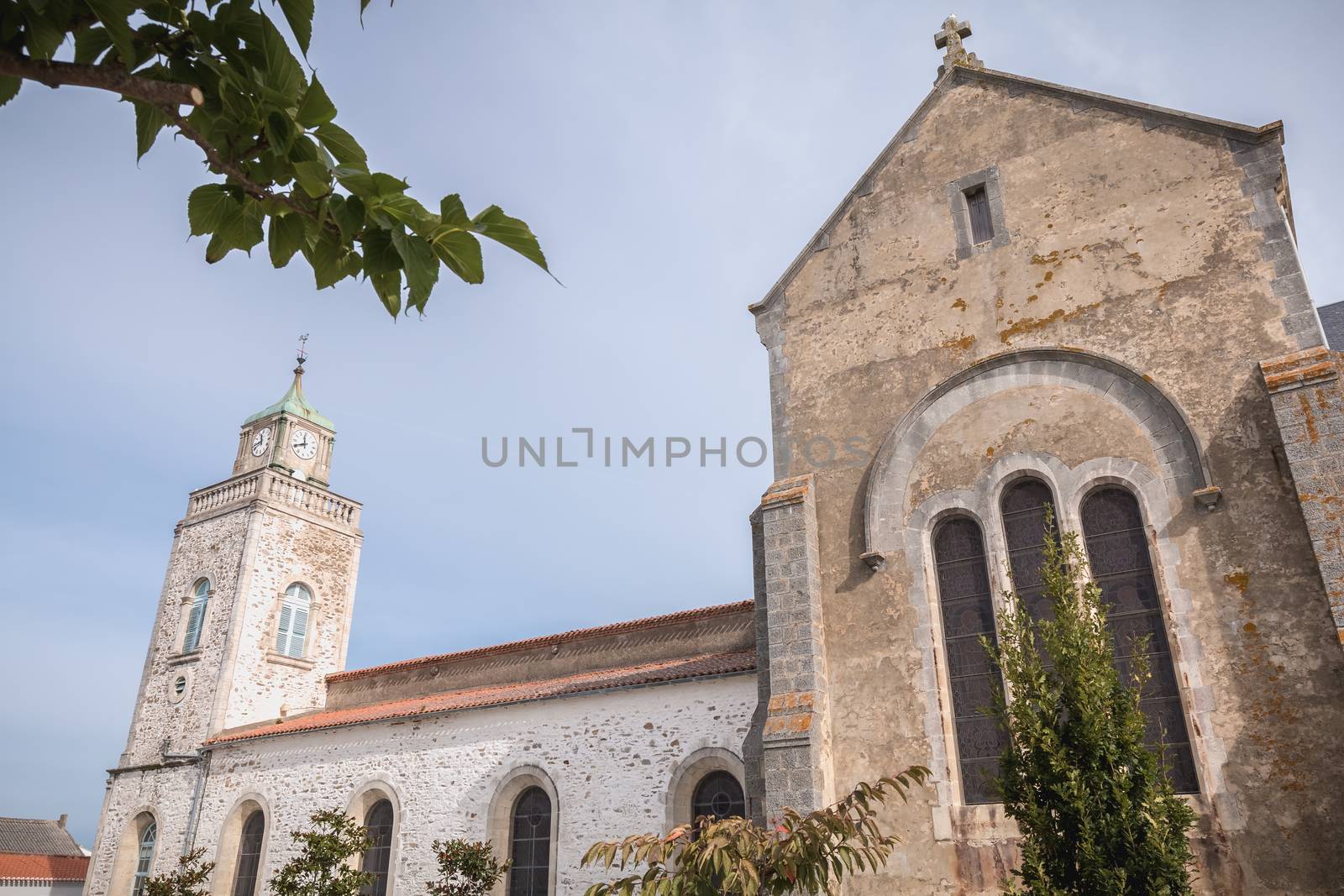 Port Joinville, France - September 16, 2018: Architectural detail of the Saint-Amand church on the island of Yeu on a summer day