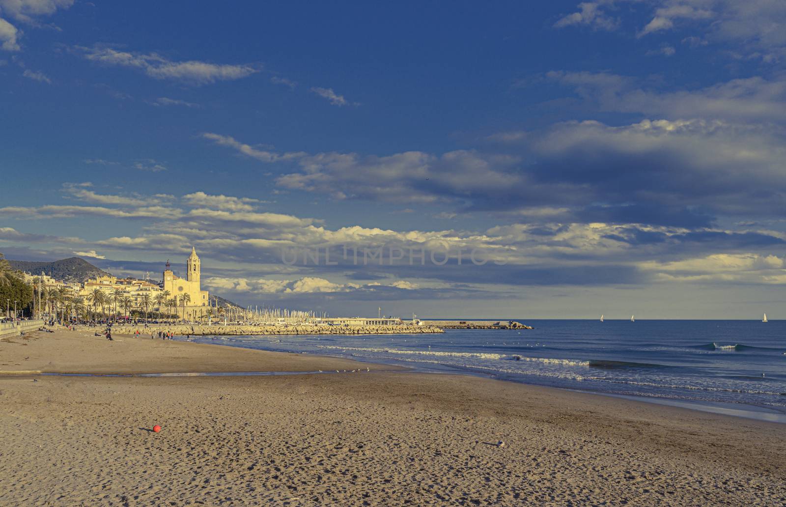 View of the San Sebastian Beach on the mediterranean sea in Sitges, Spain.
