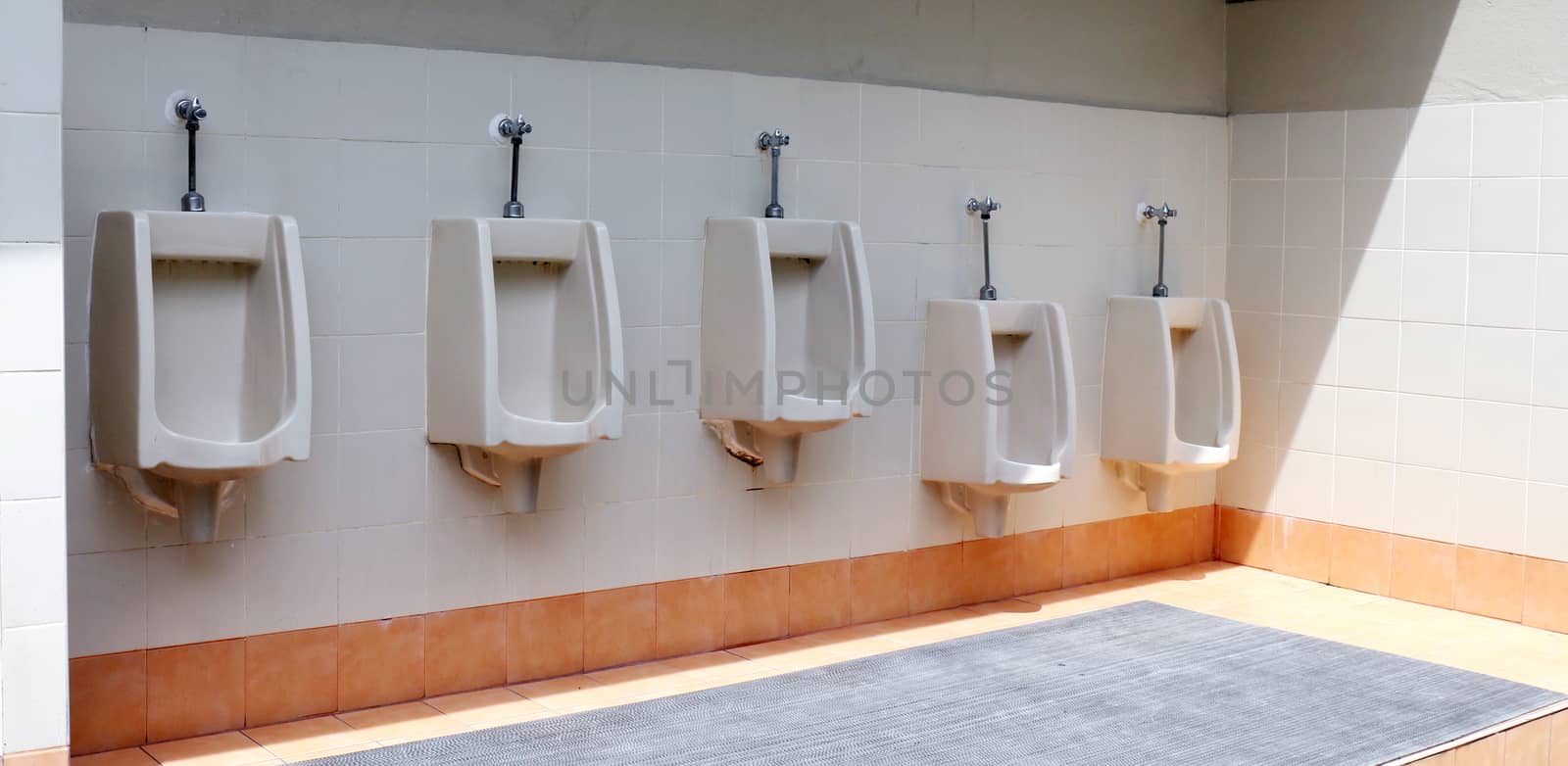 outdoor toilet old color orange, the toilet of man with toilet view by urinals by cgdeaw