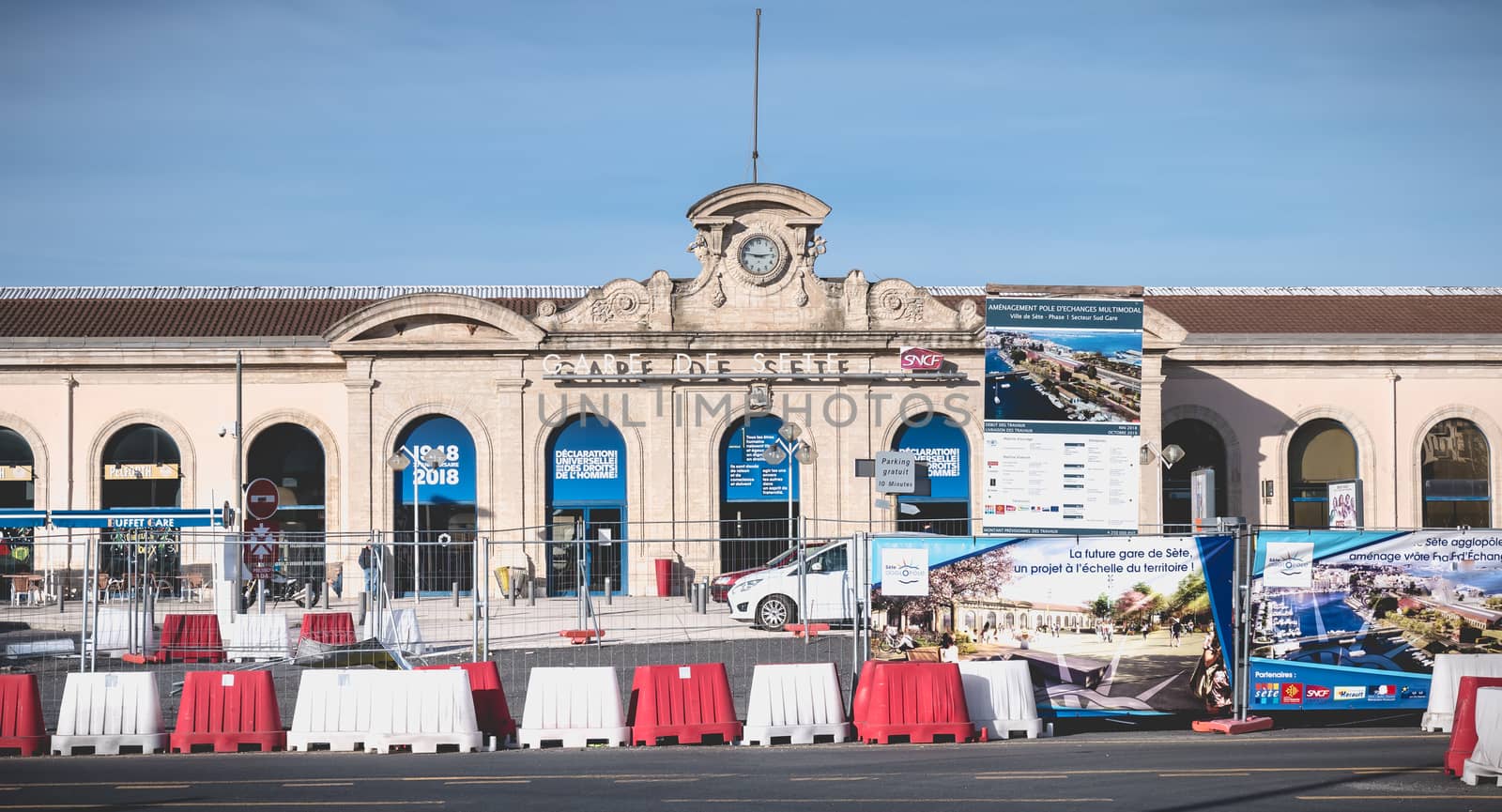 Sete, France - January 4, 2019: Architecture detail of the SNCF train station in the city center on a winter day