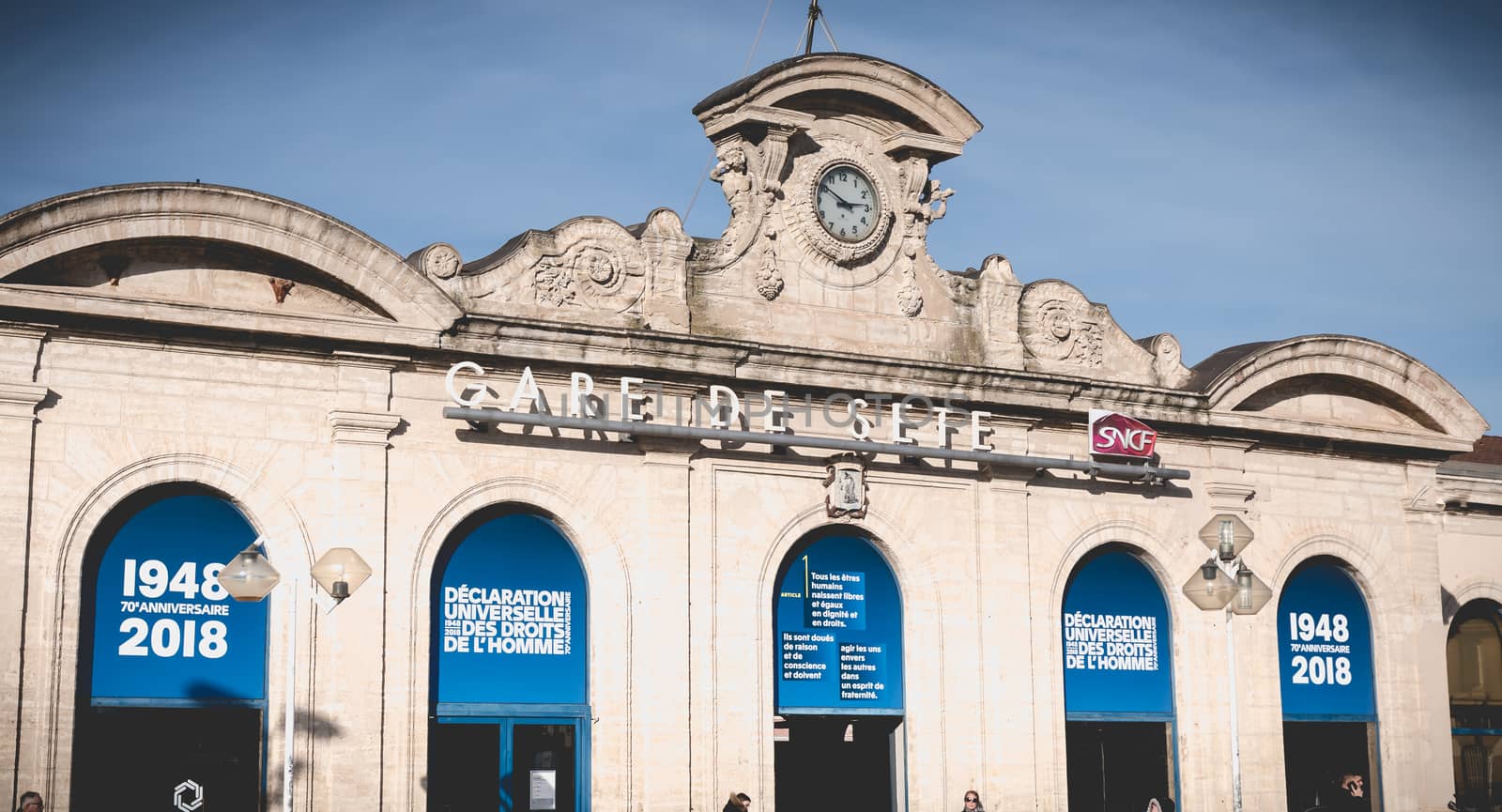 Sete, France - January 4, 2019: Architecture detail of the SNCF train station in the city center on a winter day