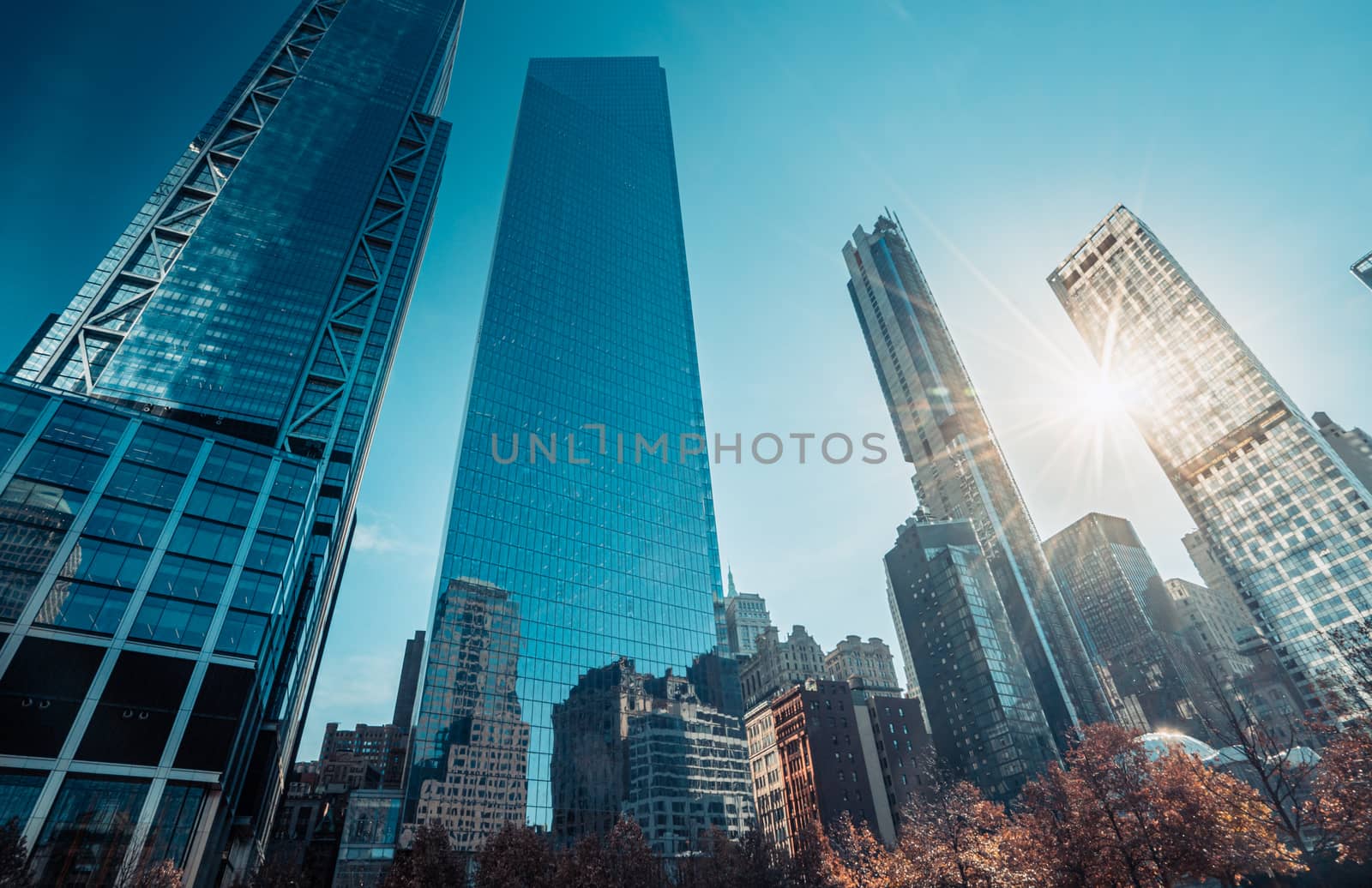 New York City downtown modern office skyscrappers buildings. Teal and orange style.