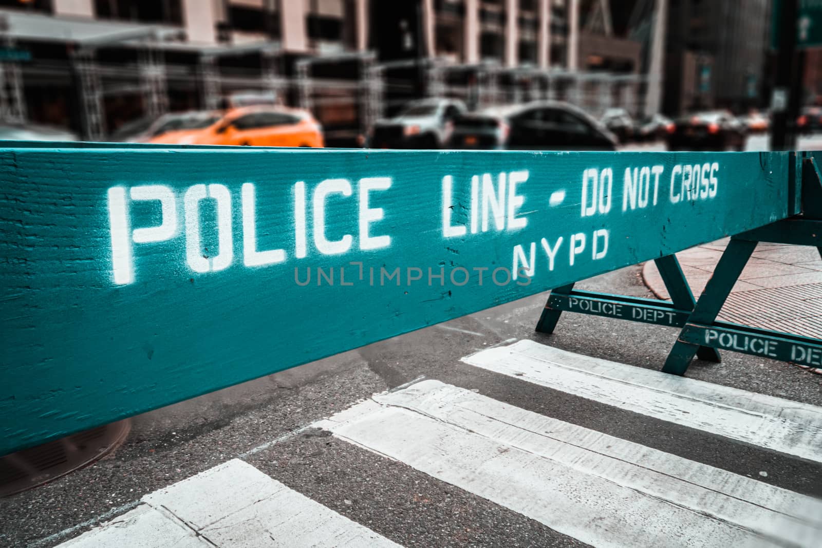 Wooden Do Not Cross police line barriers in New York, USA.