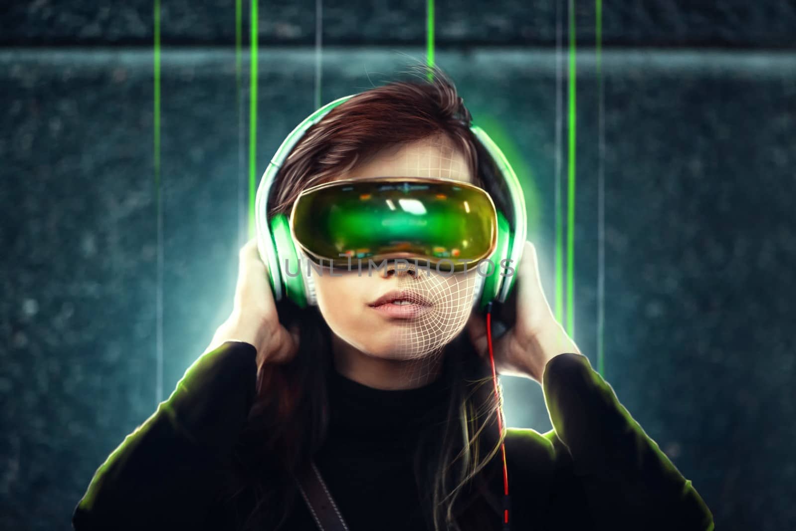 Young teenager girl in virtual reality goggles headset. VR gaming  technology concept. by primipil