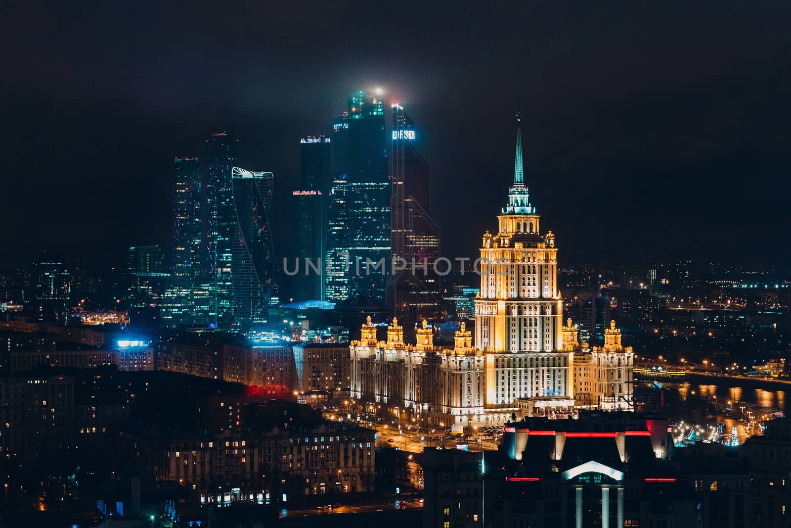 Top View to Moscow City and Hotel Ukraine from New Arbat, Russia by primipil