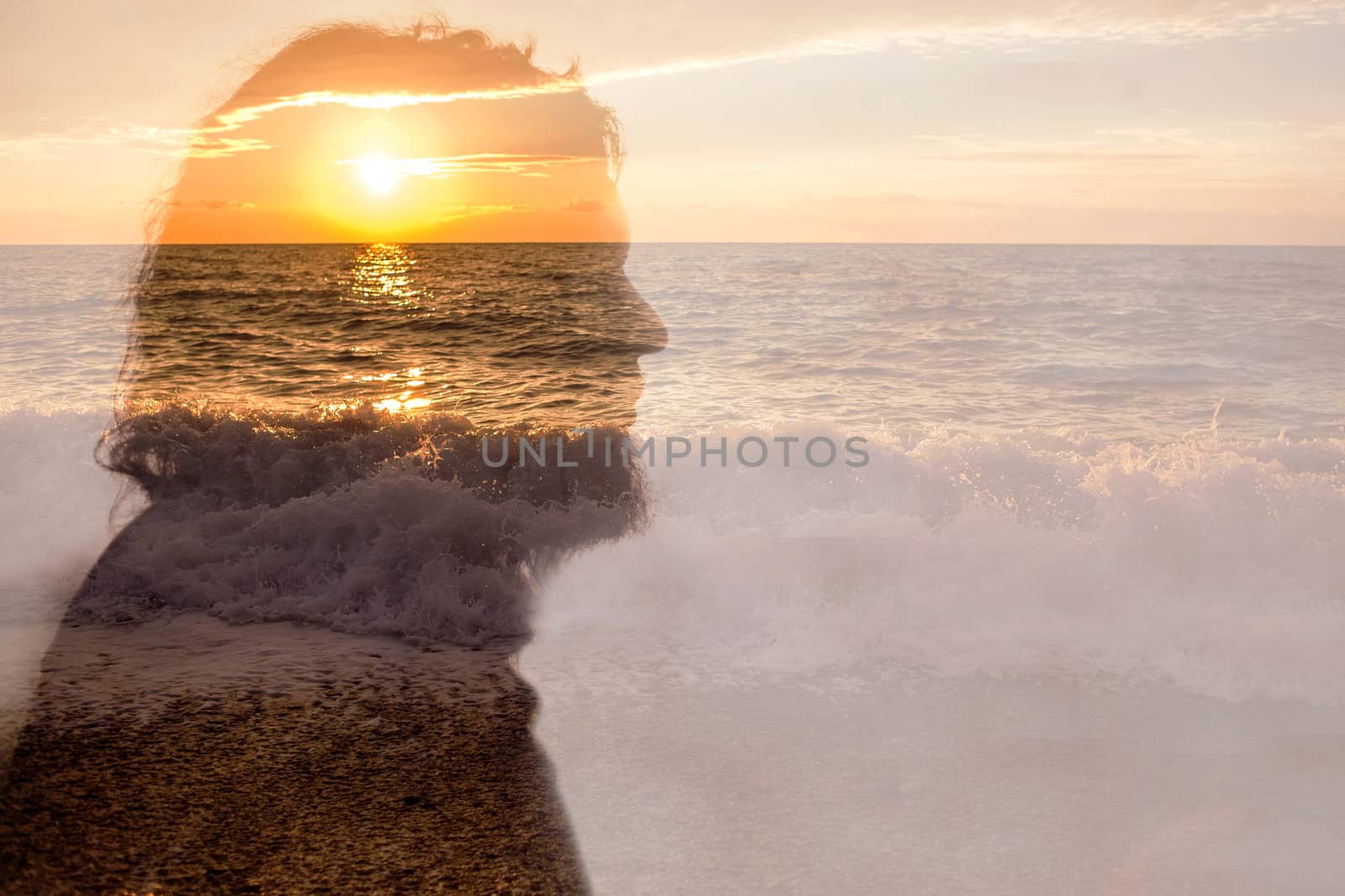 Beautiful hipster portrait of colorful bearded man background sea on blue background for lifestyle design. Holiday background. Surfer concept. Nature landscape. Sunset water reflection.