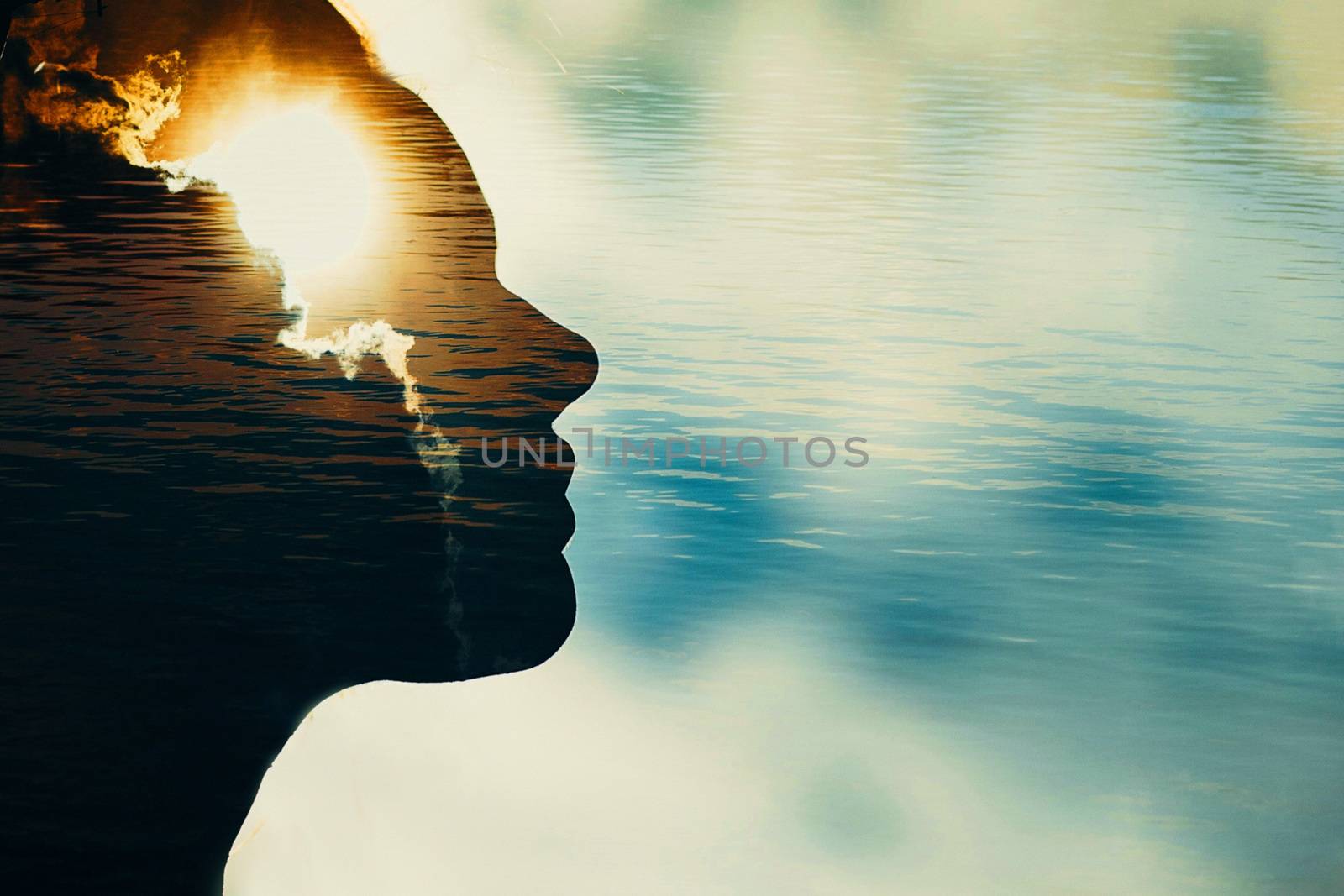 Woman silhouette with sun in head with copy space. Multiple exposure image. by primipil