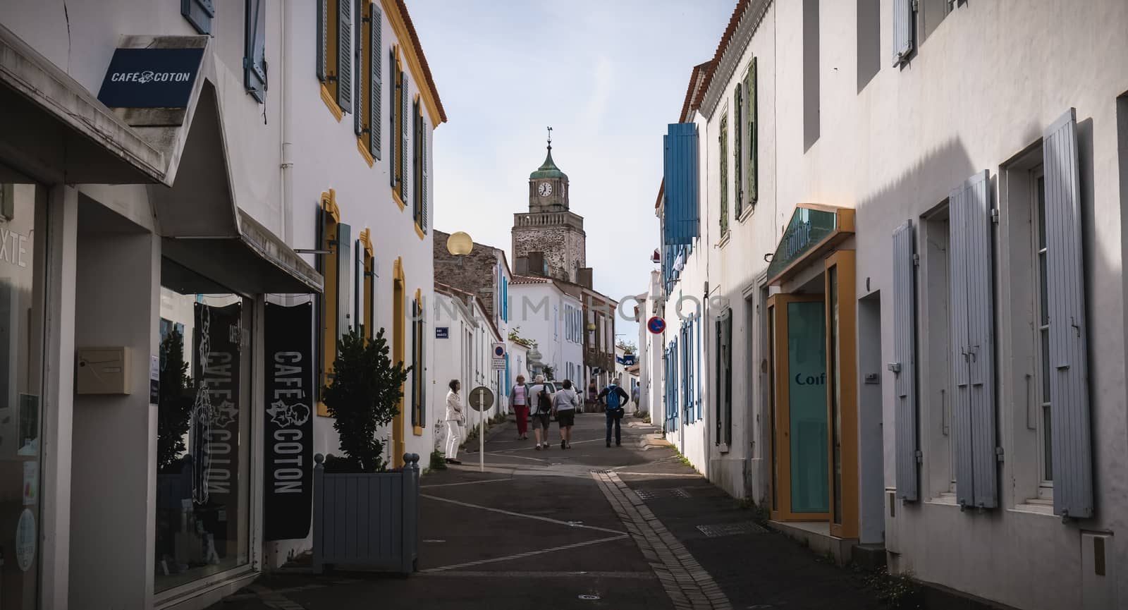 Port Joinville, France - September 16, 2018: typical house architecture detail in a shopping street on the island of Yeu on a summer day