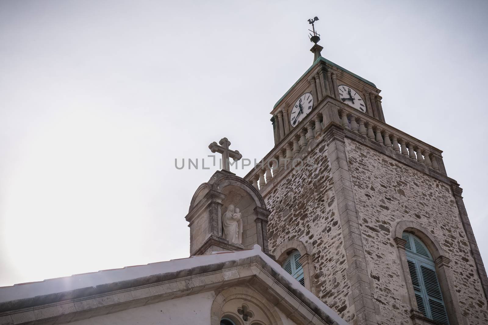 Port Joinville, France - September 16, 2018: Architectural detail of the Saint-Amand church on the island of Yeu on a summer day