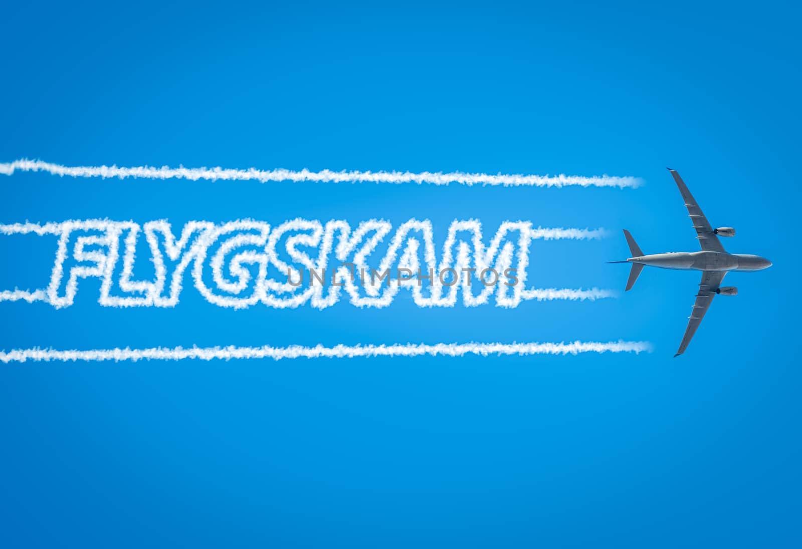 Airplane leaving jet contrails with Flygskam word inside by tanaonte
