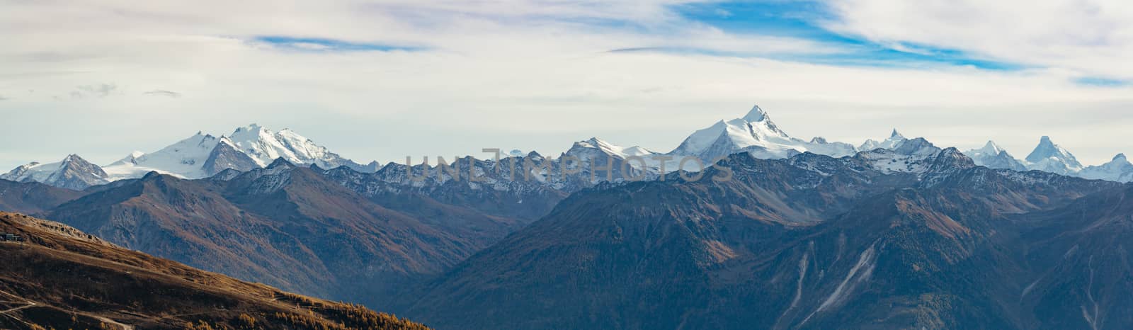 Panoramic view of the Swiss alps from the Daubenhorn mountain.