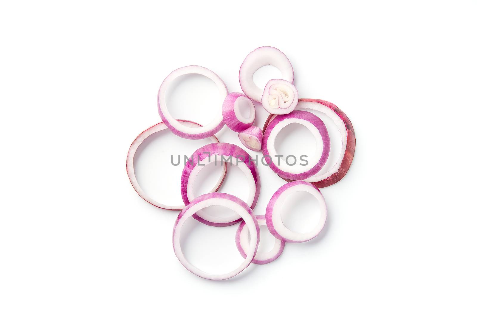 Sliced red onion rings on white background by PhotoTime