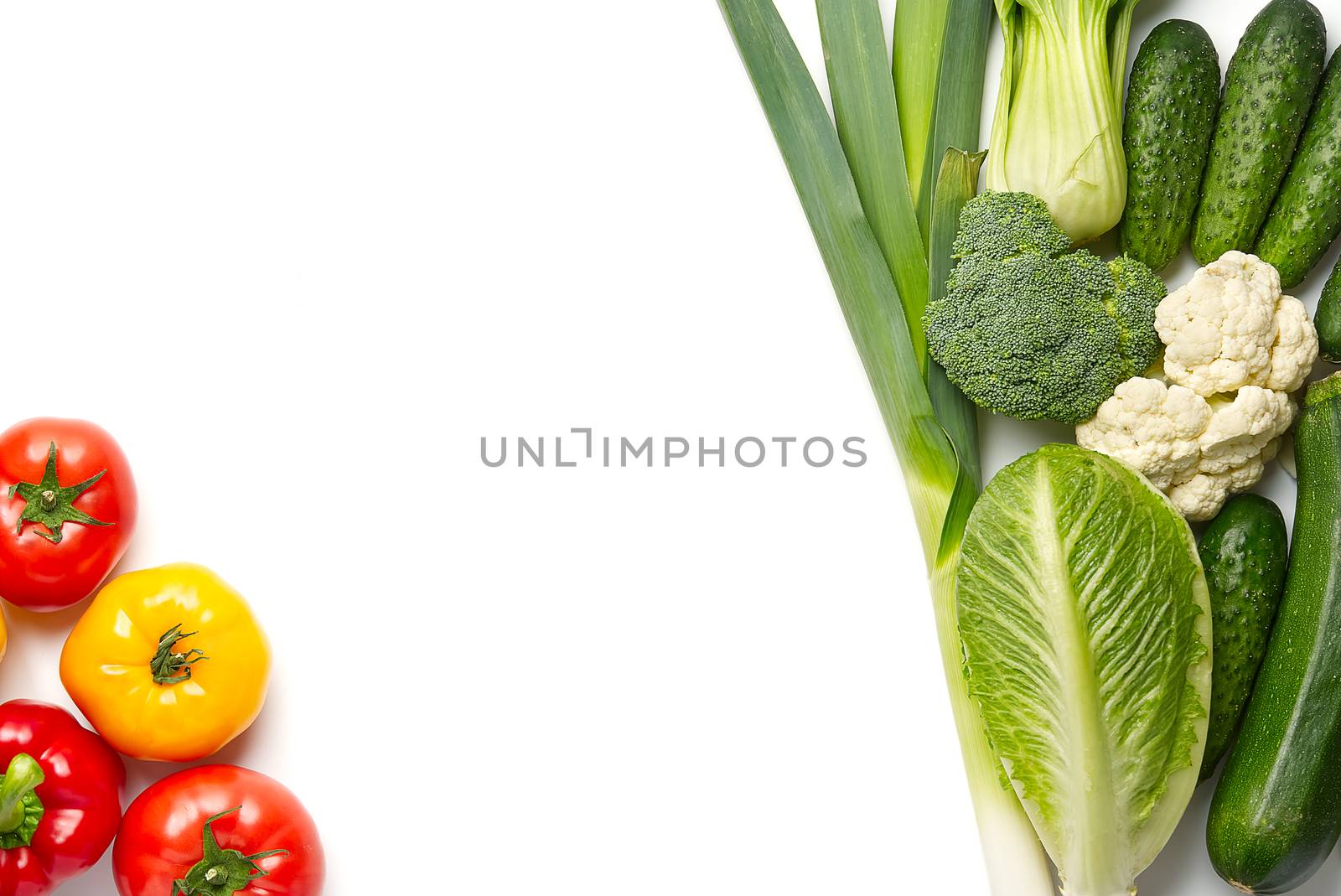 Food background border frame of colorful fresh produce raw vegetables, cucumber purple cabbage spinach tomatoes paprika onion broccoli herb, plenty of copy-space. Domestic kitchen. Vegetarian food. by PhotoTime