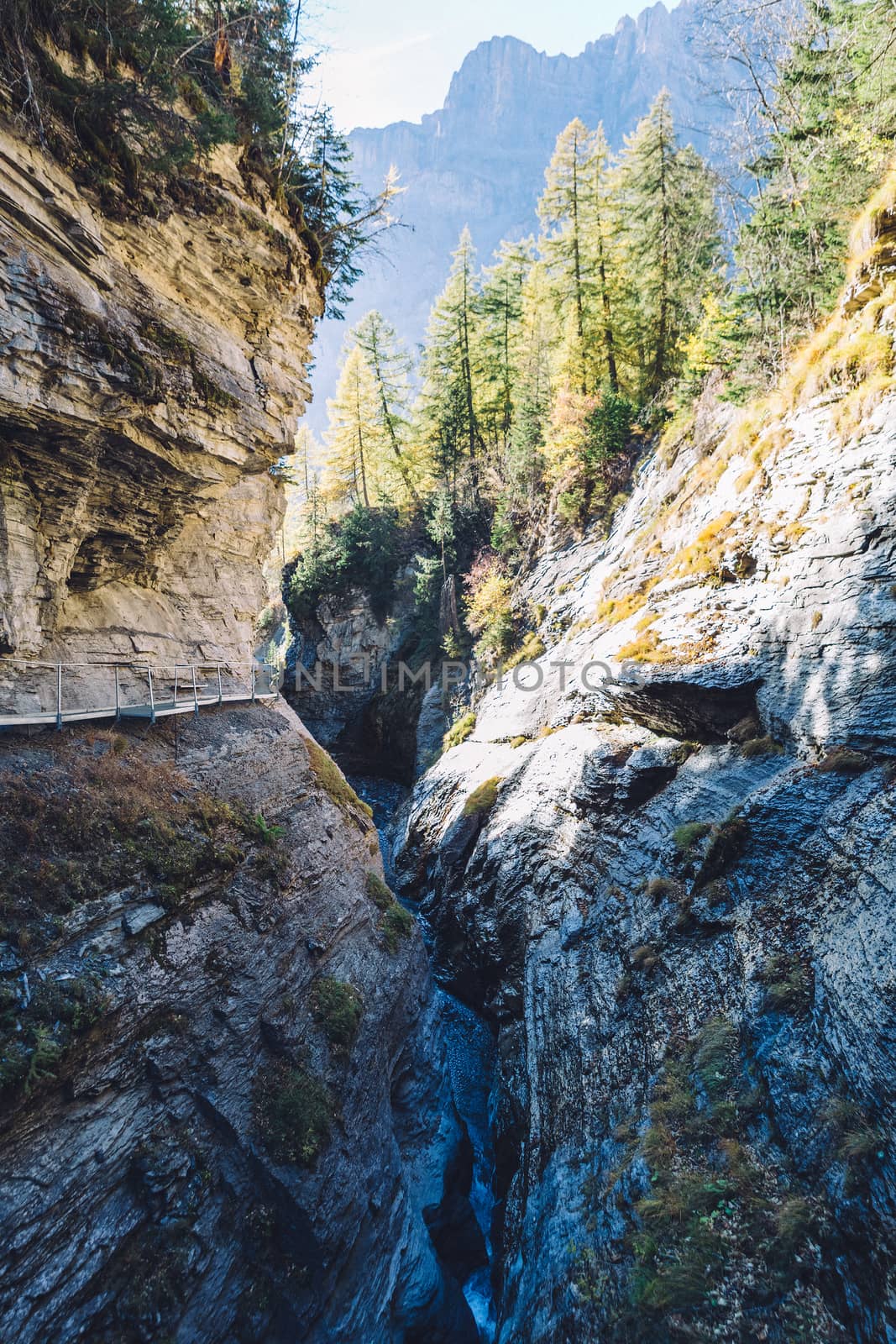 The Leukerbad themal springs gorge during fall.