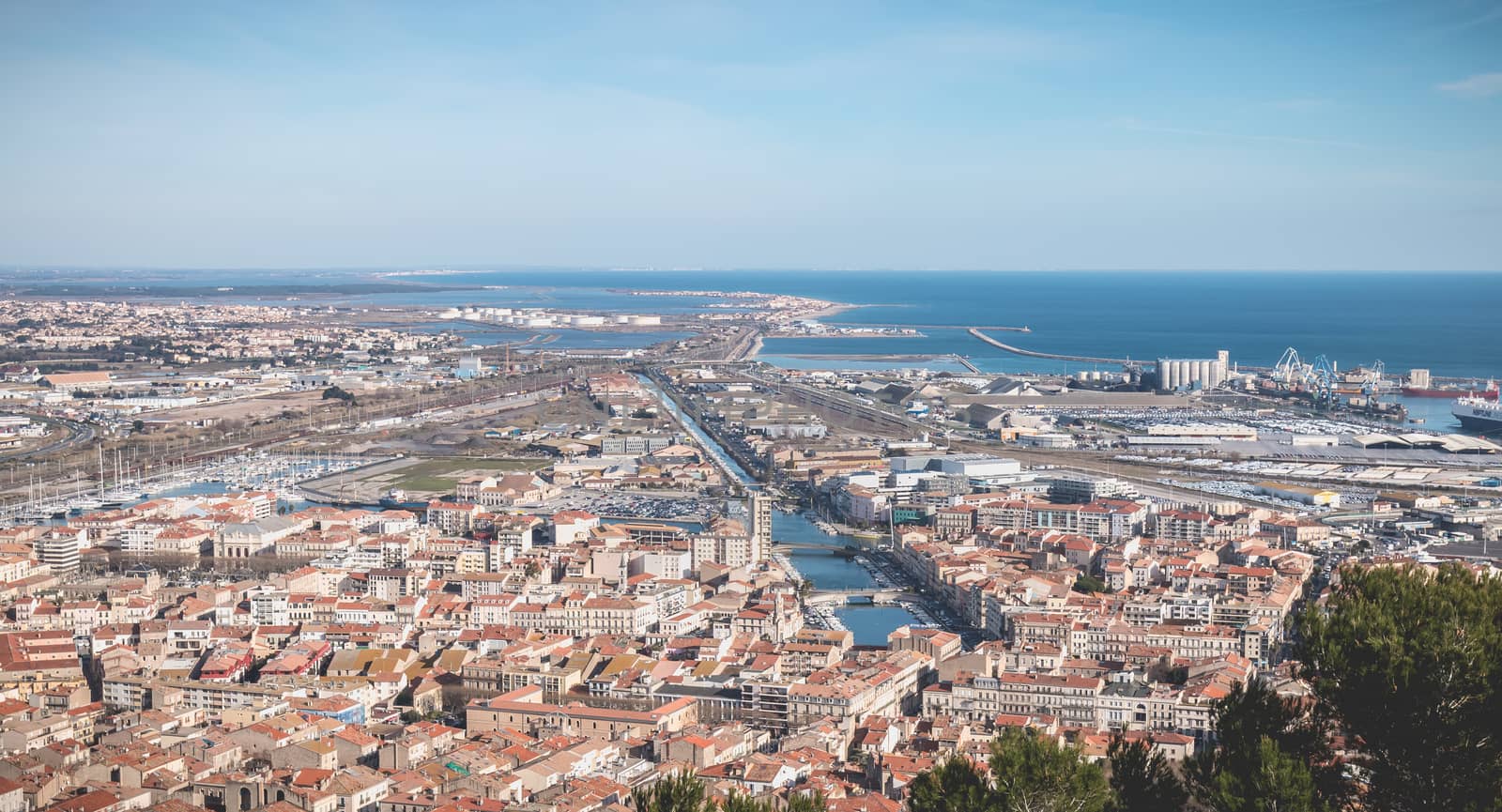 Sete, France - January 4, 2019: Aerial view of historic city center and harbor a winter day