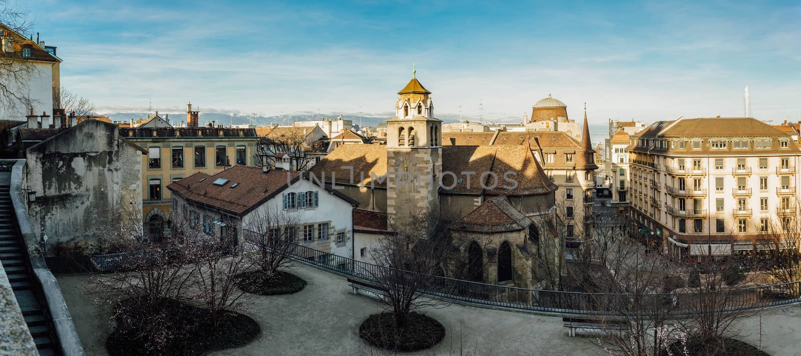 Wide angle view from the old town of Geneva, Switzerland.
