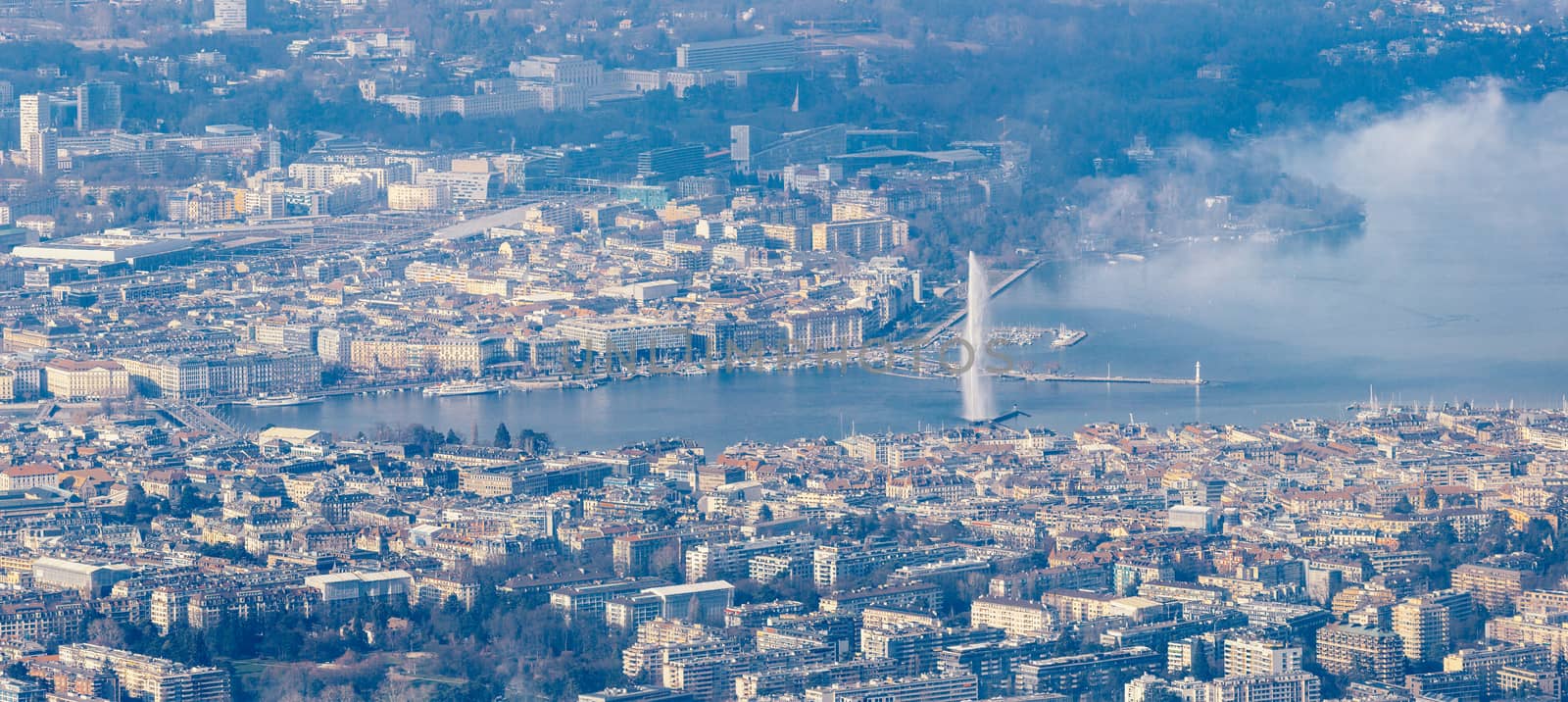Aerial view of Geneva city center and lake Geneva.