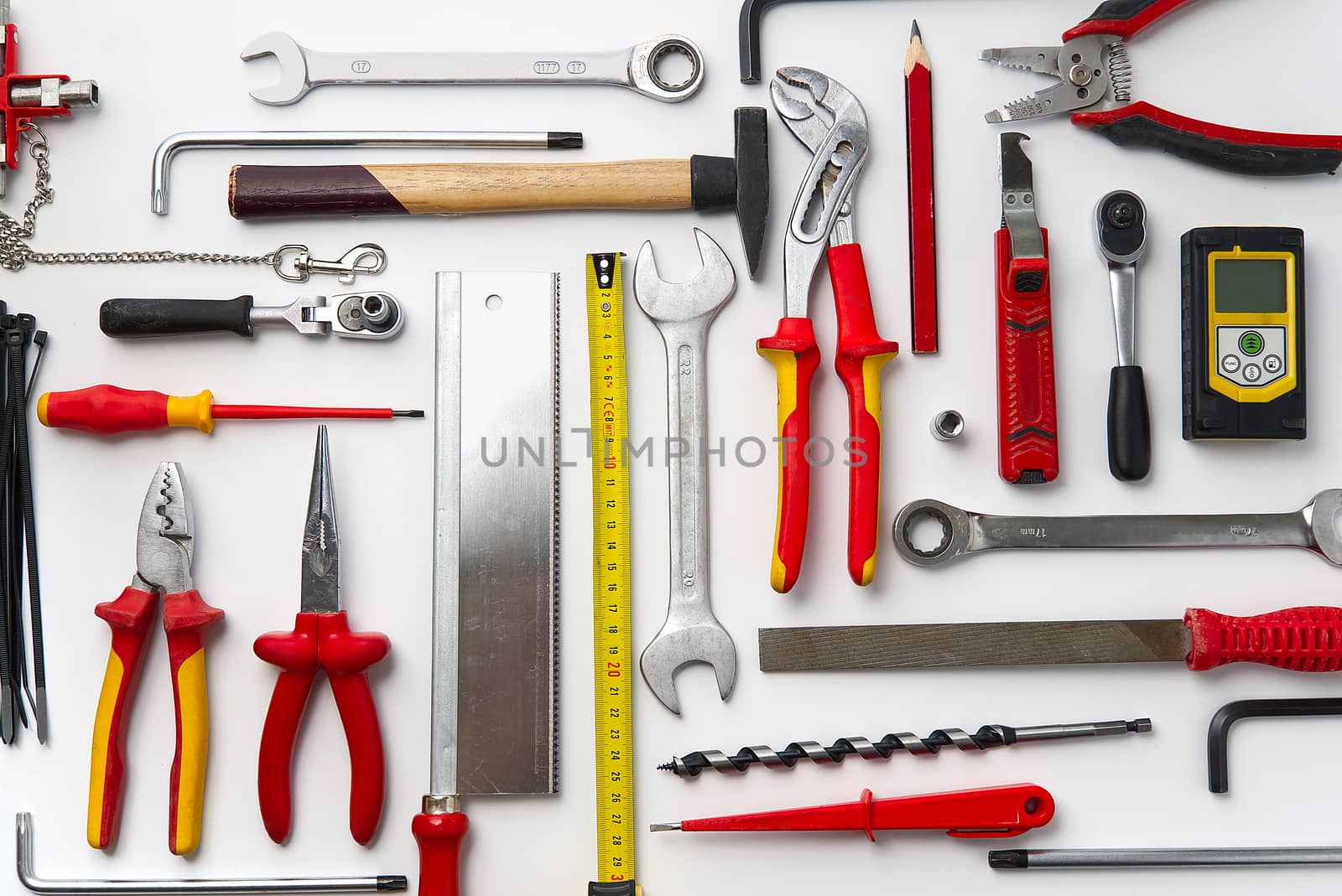 Home maintenance, service, diy concept. Tools for wood, metal and other construction work. Top view on DIY tools. home repairs. on white background