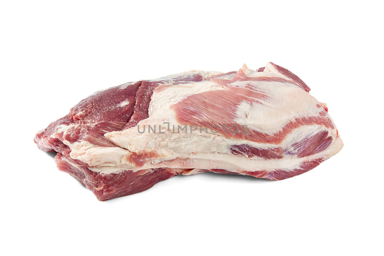 Fresh raw pork neck meat isolated on white background. Pork belly on a white background. Raw pork neck boneless, close-up, isolated. by PhotoTime