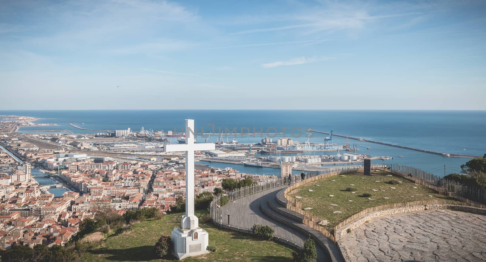 Sete, France - January 4, 2019: Architectural detail of the cross of Mont Saint Clair overlooking the town of Sete on a winter day