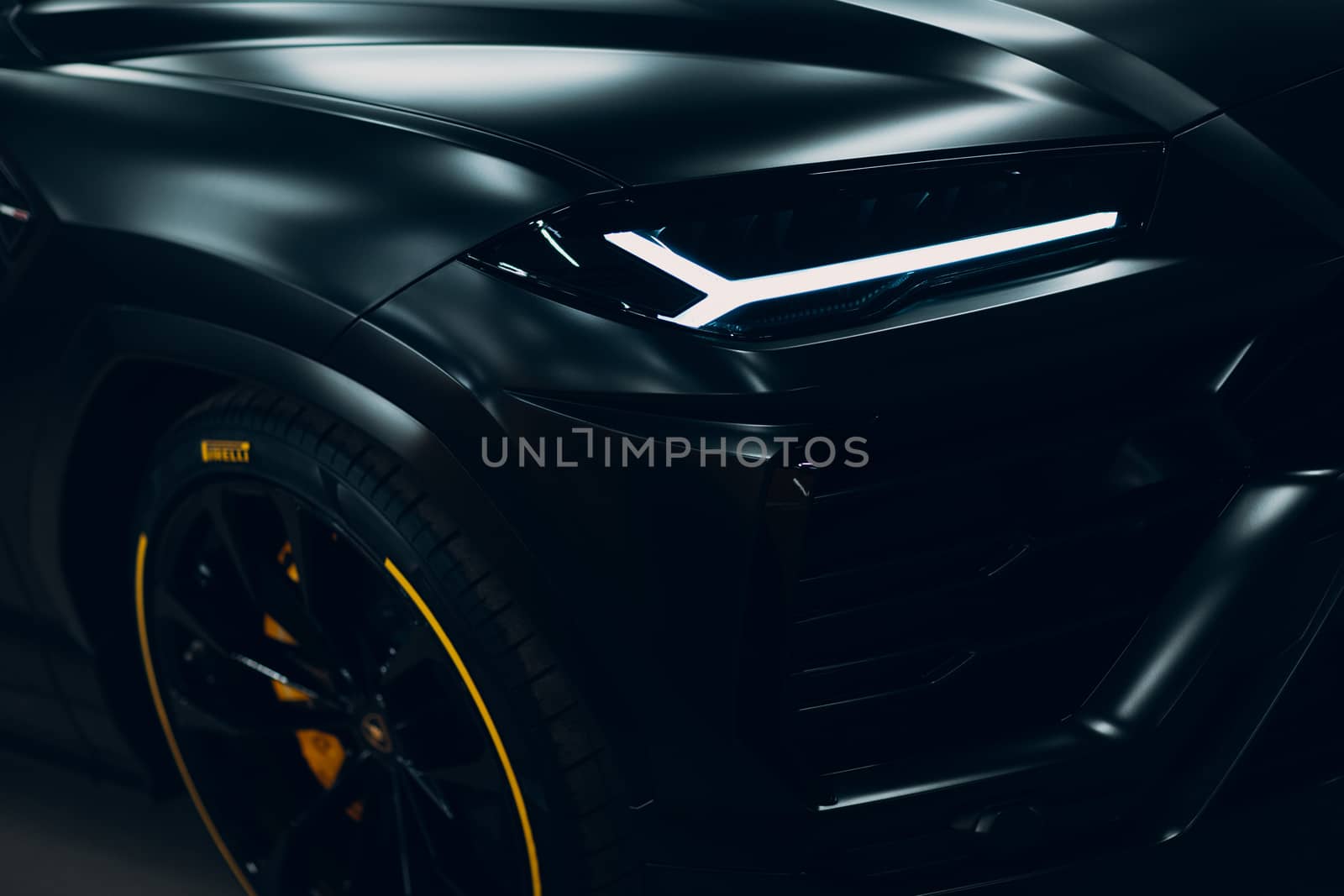 Lamborghini Urus black sport car headlights. Sports cars street race. by primipil