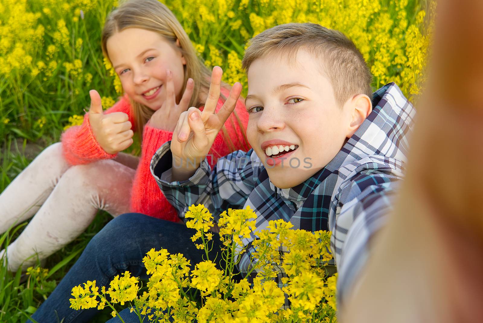 Happy smiling kids making self portrait on smartphone in meadow. young boy and girl making selfie on smartphone laying in green grass with yellow flowers. by PhotoTime