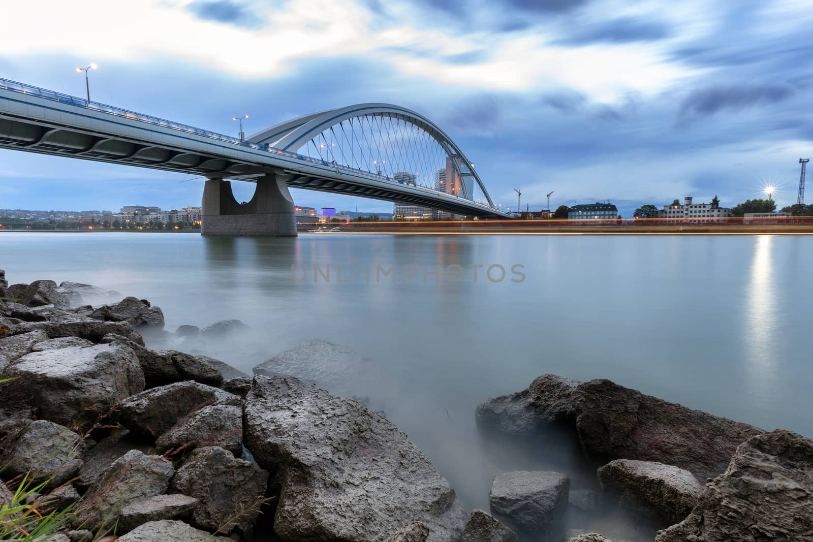 Apollo bridge before storm with dramatic clouds at evening, Slovakia, Europe