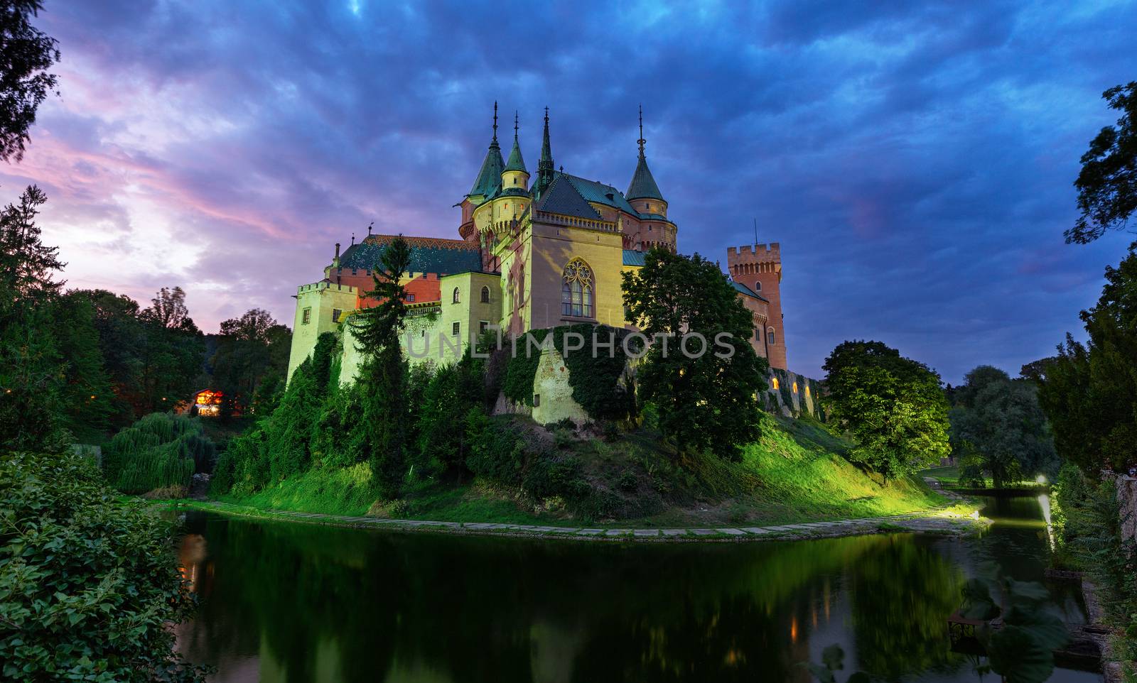 Castle Bojnice, central Europe, Slovakia. UNESCO. Sunset light with dramatic clouds