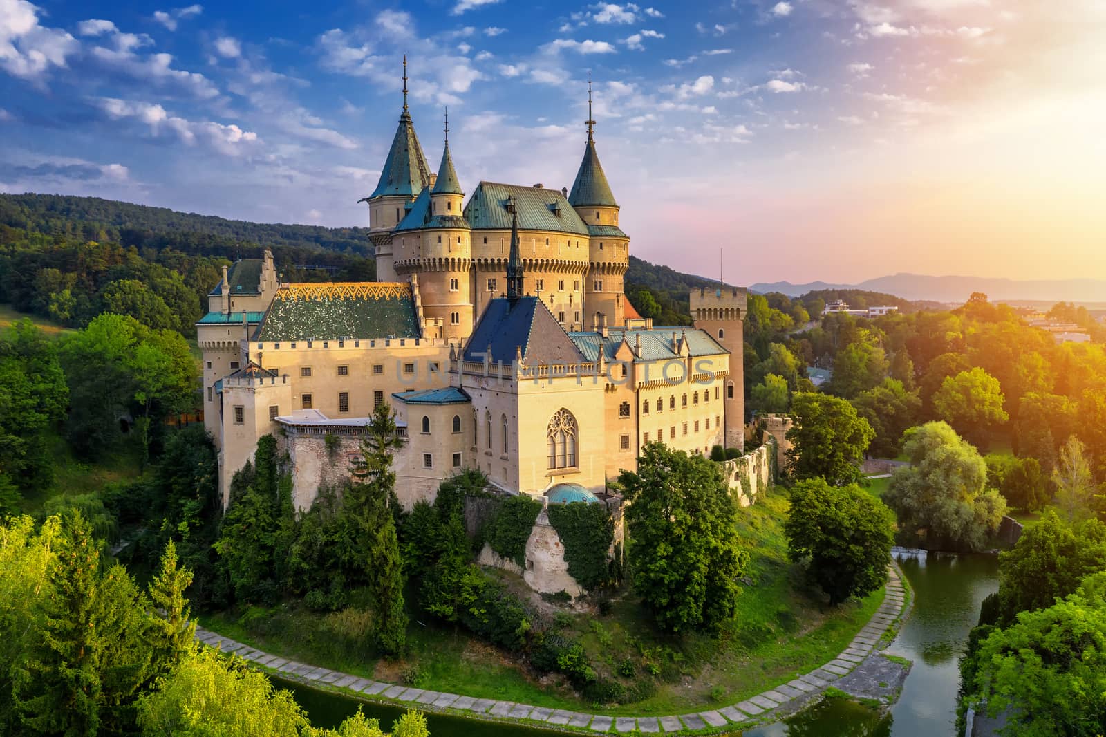 Aerial view of Bojnice medieval castle, UNESCO heritage in Slovakia. Romantic castle with gothic and Renaissance elements built in 12th century.