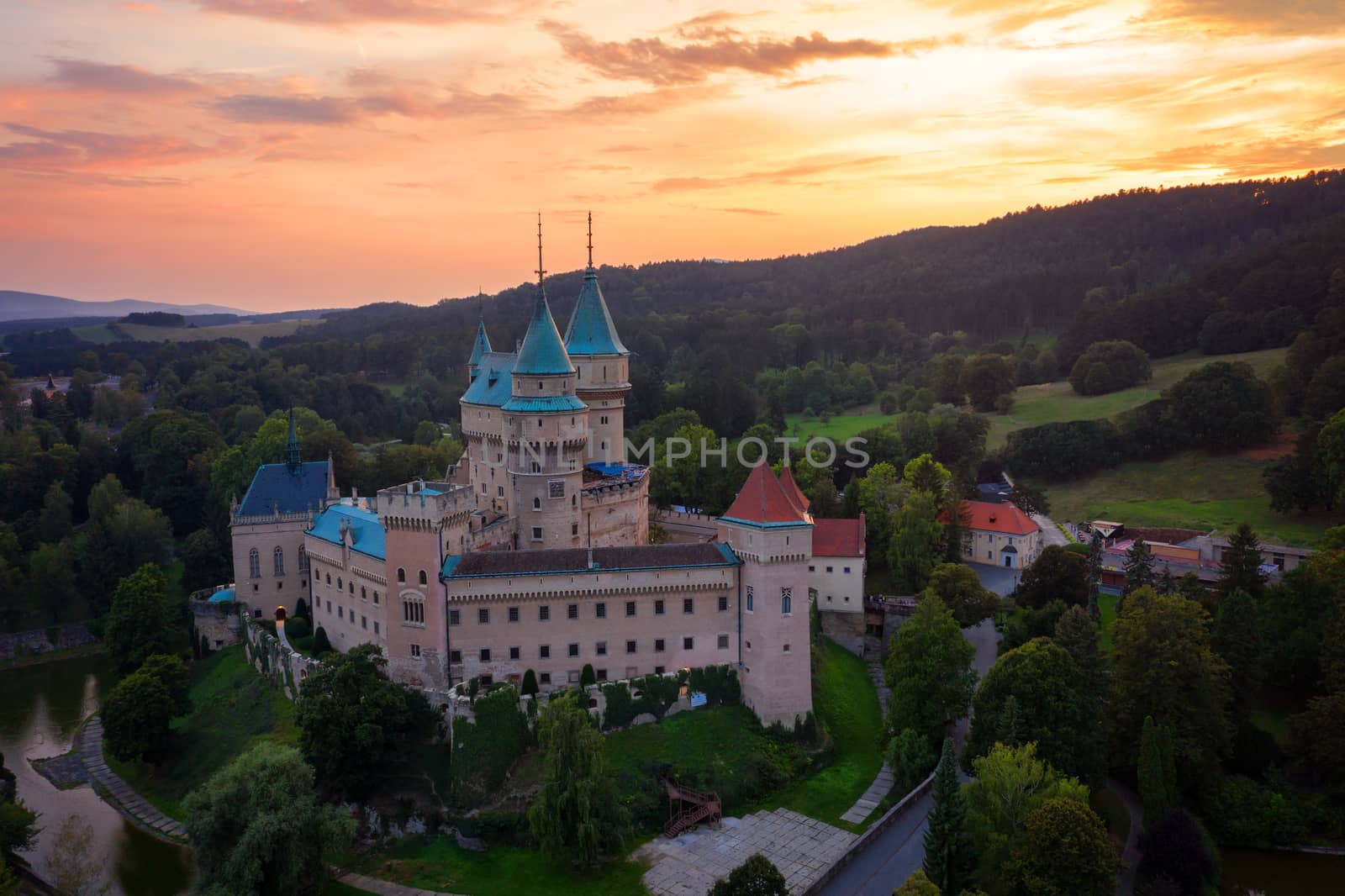 Castle Bojnice, central Europe, Slovakia. UNESCO. Sunset light.