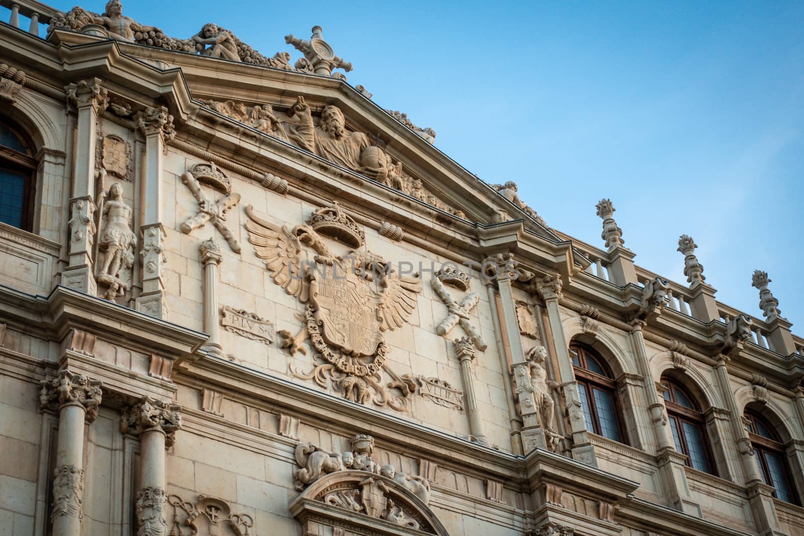 Detail of the facade of Colegio Mayor de San Ildefonso in , the main building of the Alcala de Henares University. The University and Historic Precinct of Alcala de Henares in Madrid is declared a UNESCO World Heritage Site Ref 876