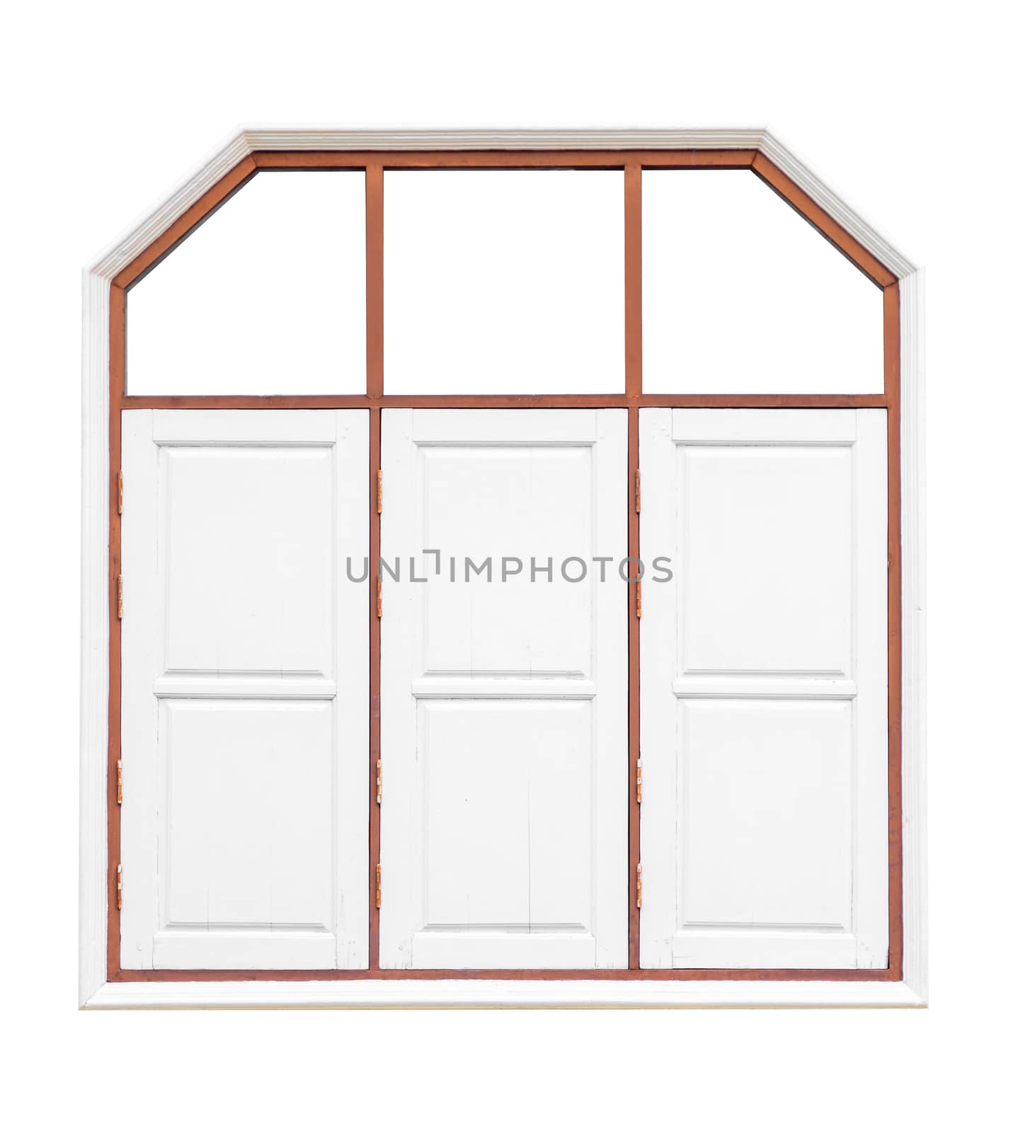 White color old wood 3 windows. isolated on white background. Save with clipping path