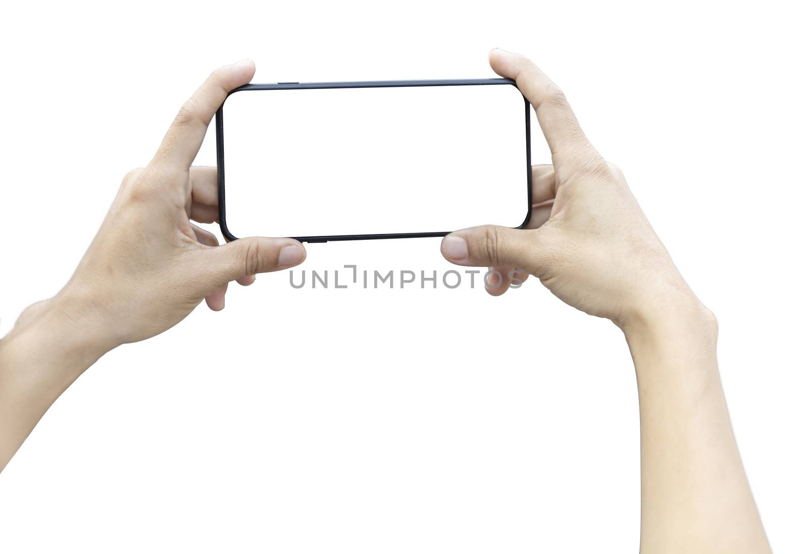 women hand holding horizontal smartphone with blank screen to take a photo. isolated on white background. Save with clipping path