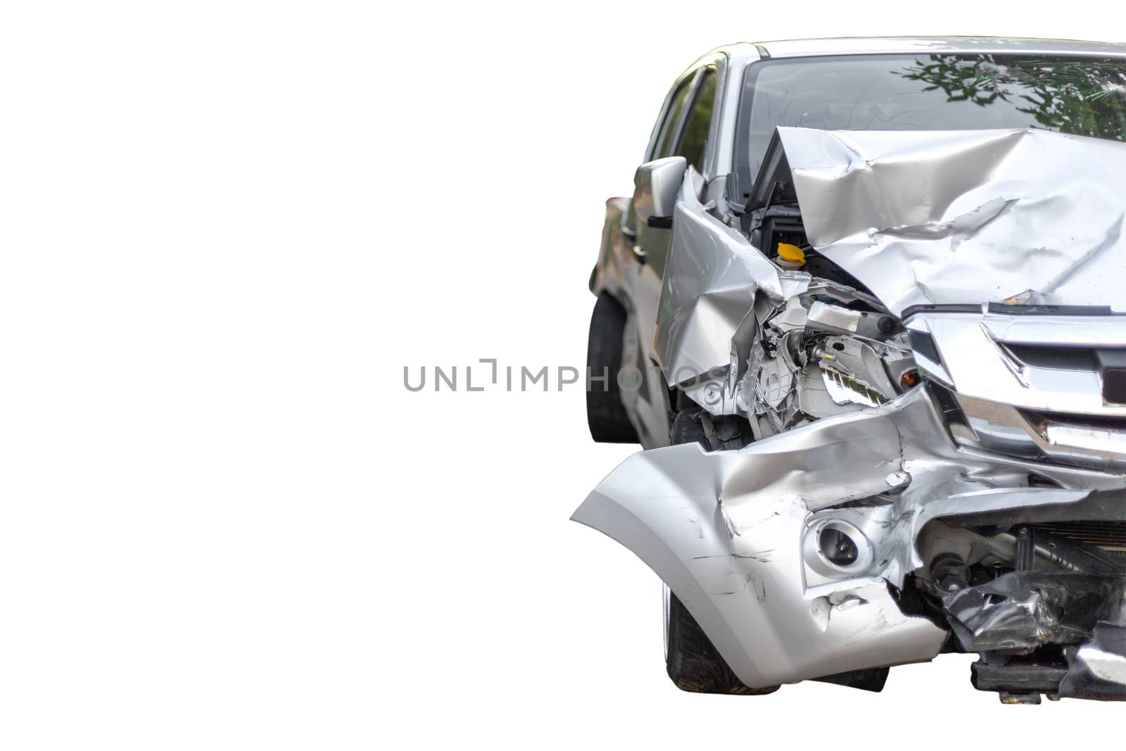 Front of light gray color car with pick up have big damaged and broken by accident on road in morning time can not drive any more park for wait insurance officer. Isolate on white background save with clipping path