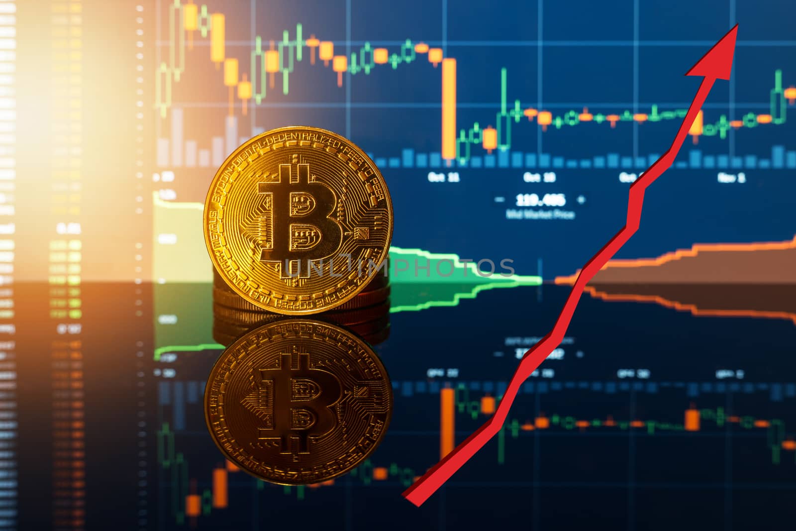 Bitcoin gold coin and defocused chart background and up red arro by necro79