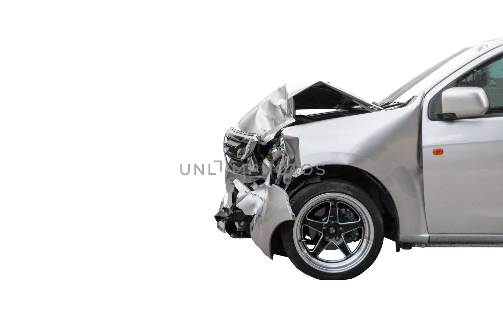 Front of light gray color car damaged and broken by accident on road parking can not dirve any more. isolate on white background. Cliping path