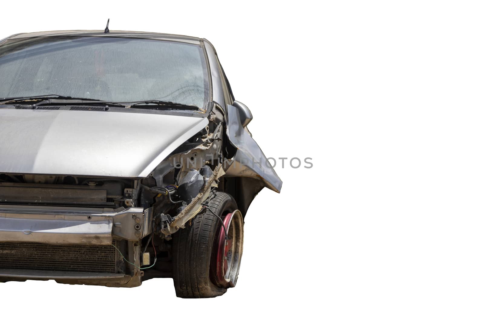 Front of car damaged and broken by accident on road. white background with clipping path