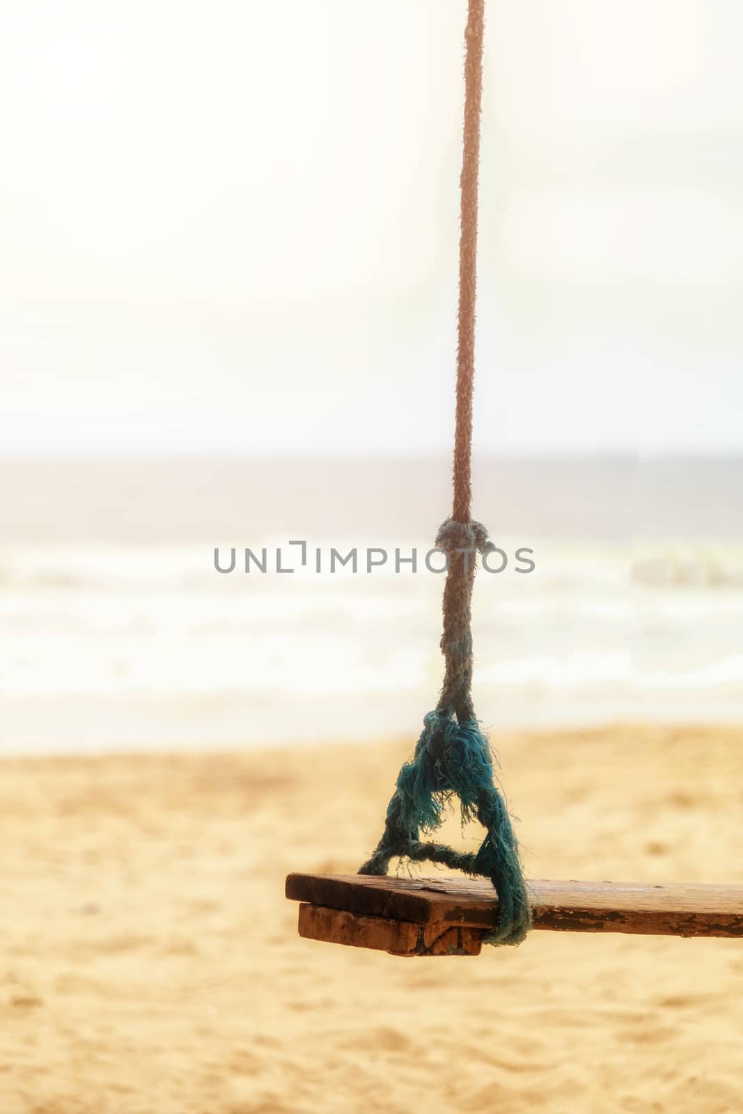 Summer concept. Wood swing hanging from coconut palm tree over beach sea. Asia Thailand. with copy space for text or design