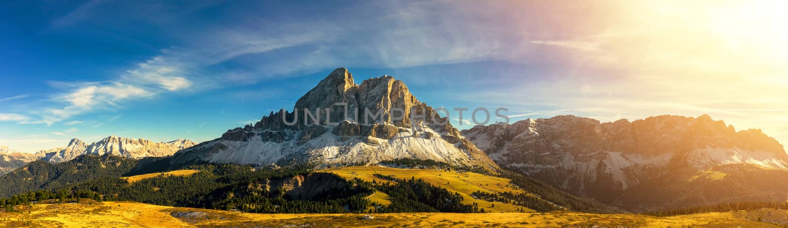 Panoramic view of Sas de Putia mountain at Passo Erbe, Italy, Do by necro79