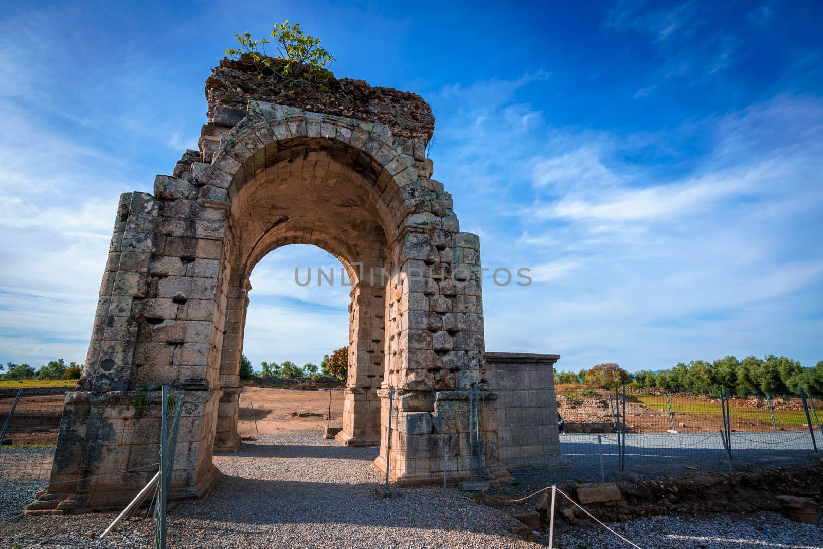 Arch of Caparra, famous tetrapylum in The Roman city of Caparra, now permanently abandoned. Founded near first century in the roman empire period and located in the north of Extremadura, Spain.