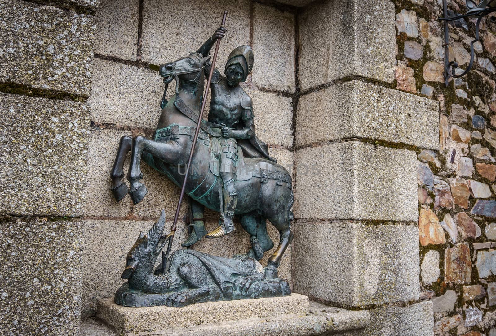 Saint George statue in Caceres old city centre. The Old town of Caceres is declared a UNESCO World Heritage site ref 384b